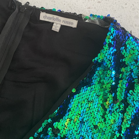 Charlotte Russe Sequin Romper Long Sleeve blue green shorts S - Picture 2 of 6